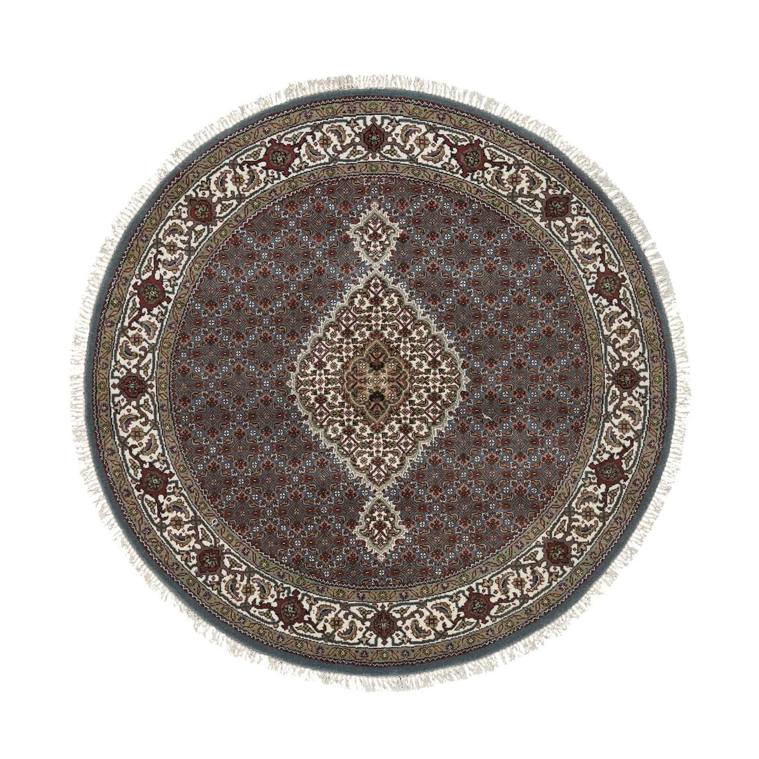 Round Tebraz Mahi Rug Silk Wool Gray Hand Knotted Oriental: Round Tebraz Mahi Rug Silk Wool Gray Hand Knotted Oriental Round Tebraz Mahi Rug Silk Wool Gray Hand Knotted Oriental - A stunning, hand-knotted Oriental rug in a rich gray color, crafted from wool an