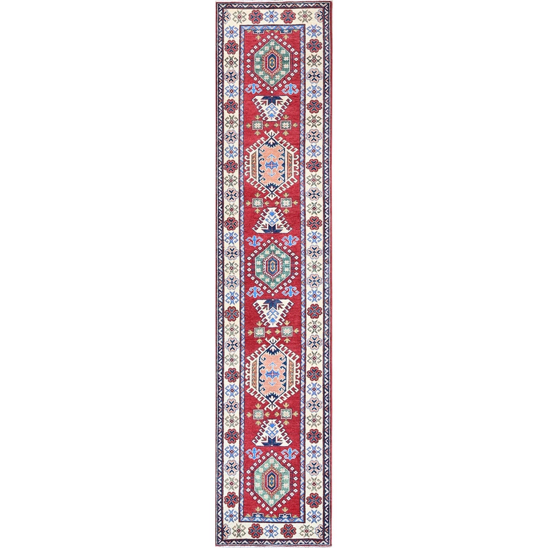 2'9"x13'1" Red Kazak with Medallions Design Hand Knotted Wool Runner Rug: 2'9"x13'1" Red Kazak with Medallions Design Hand Knotted Wool Runner Rug Red Kazak with Medallions Design Hand Knotted Wool Runner Rug, measuring 2'9"x13'1", boasts a striking geometric regional desig