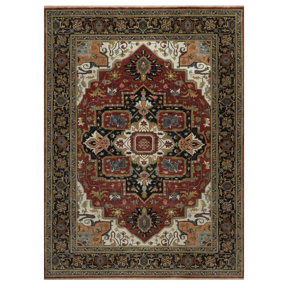 9'x12'2" Red Hand Knotted Wool Rug Antiqued Fine Heris Revival: 9'x12'2" Red Hand Knotted Wool Rug Antiqued Fine Heris Revival This stunning 9'x12'2" Red Hand Knotted Wool Rug is a masterpiece of Heris design, boasting a rich, medallion-patterned field in a deep, 