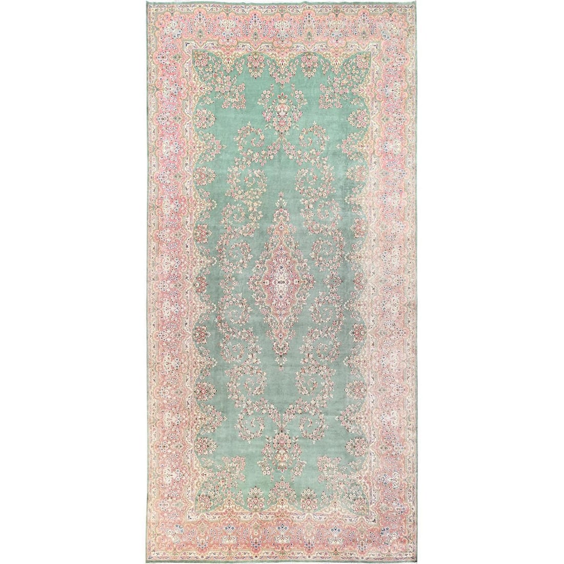 XL Hand Knotted Wool Rug Green Antique Zoroastrian Karman Soft 9'7"x20: XL Hand Knotted Wool Rug Green Antique Zoroastrian Karman Soft 9'7"x20 The XL Hand Knotted Wool Rug is a stunning piece of Zoroastrian heritage, boasting a rich green field with intricate medallion pa