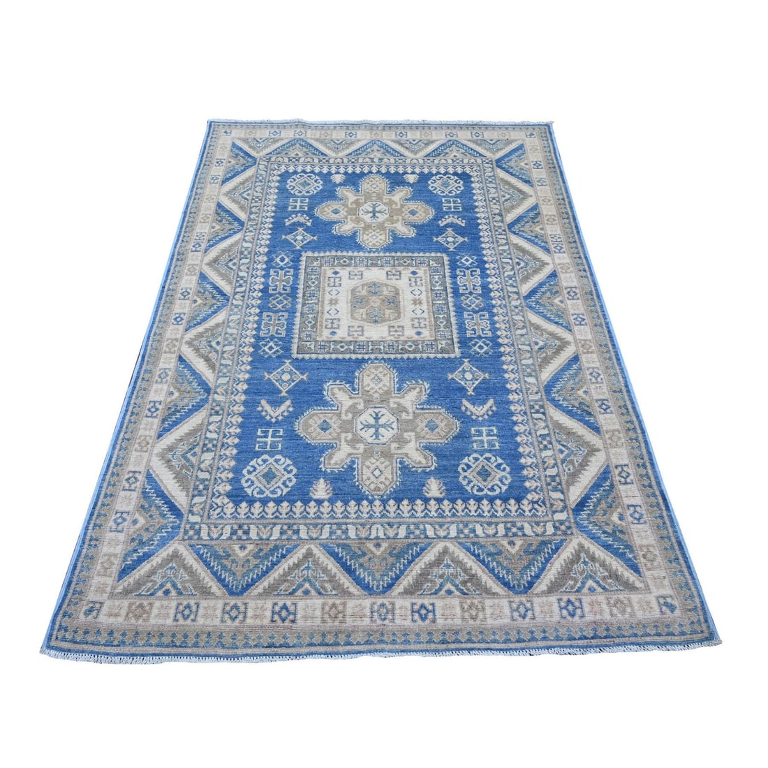 Blue Vintage Geometric Medallions Hand Knotted Wool Blue Kazak 4'7"x6'6: Blue Vintage Geometric Medallions Hand Knotted Wool Blue Kazak 4'7"x6'6 Hand-knotted in vibrant blue wool, this stunning Blue Vintage Geometric Medallions Kazak rug boasts a striking rectangular field