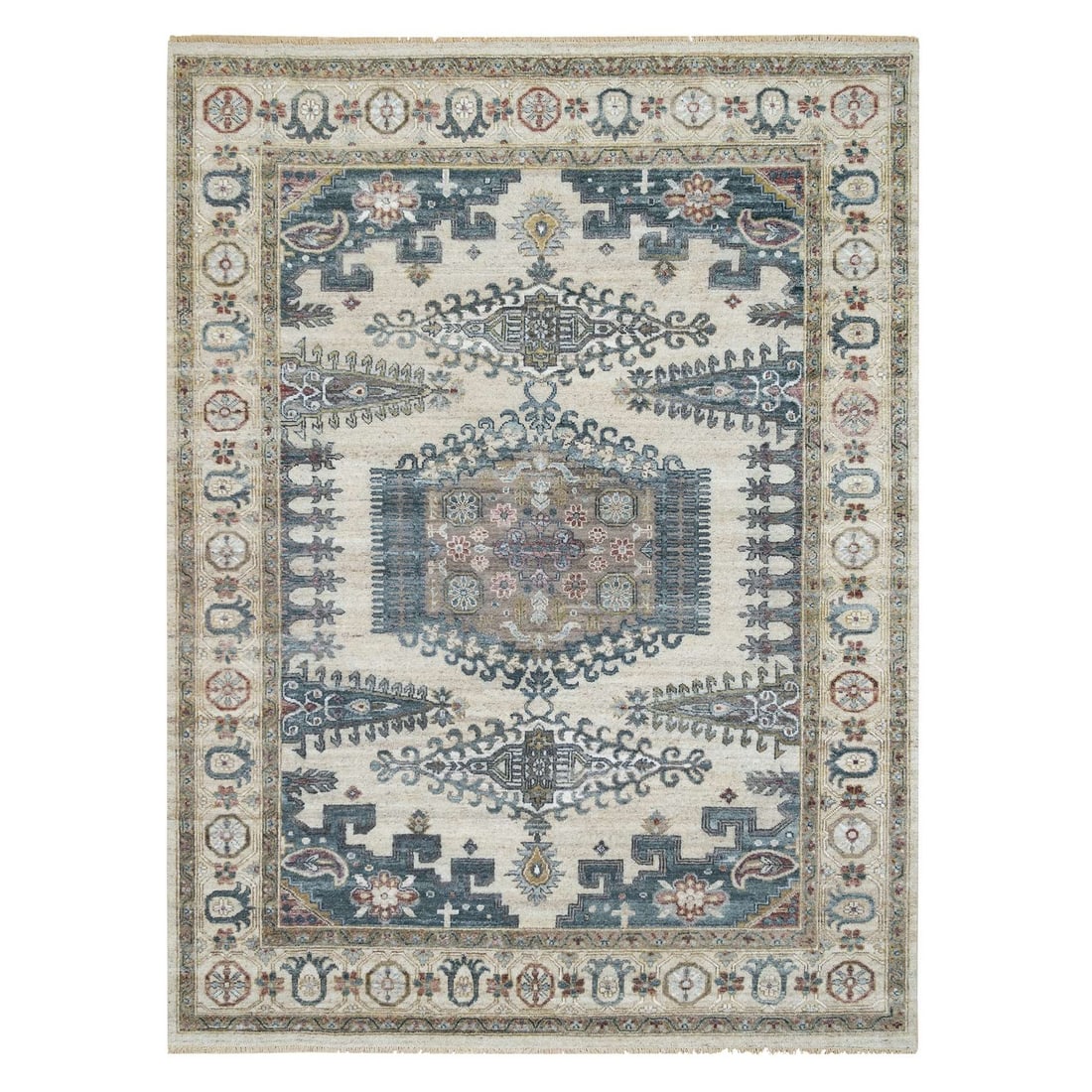 7'9"x10'4" Ivory Hand Knotted Reimagined Viss Design Wool Oriental Rug: 7'9"x10'4" Ivory Hand Knotted Reimagined Viss Design Wool Oriental Rug Hand-knotted in wool, this 7'9"x10'4" Ivory Viss design rug boasts a classic Oriental style with a rectangular field and intricat