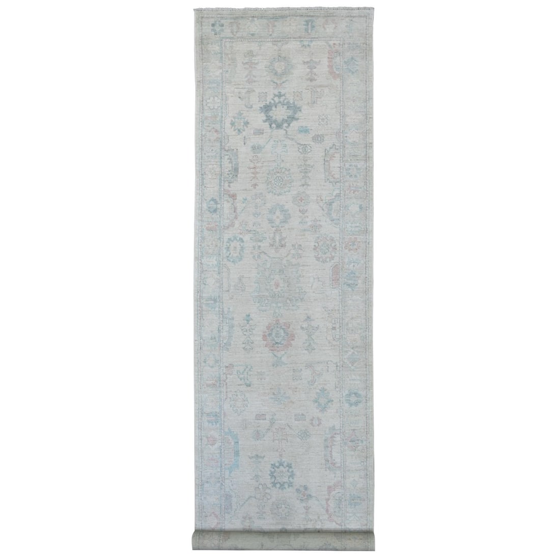 4'x19'1" Cloud Gray Afghan Angora Oushak Hand Knotted Wool Runner Rug: 4'x19'1" Cloud Gray Afghan Angora Oushak Hand Knotted Wool Runner Rug Cloud Gray Afghan Angora Oushak Hand Knotted Wool Runner Rug boasts a stunning floral field design in a beautiful grey hue, perfec