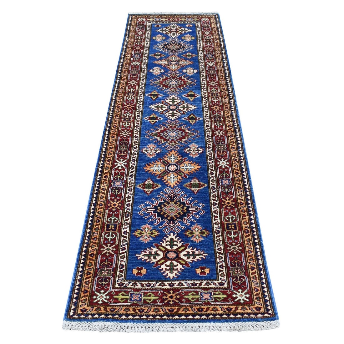 Blue Super Kazak Tribal Design Wool Hand Knotted Runner Rug 2'6"x8'8: Blue Super Kazak Tribal Design Wool Hand Knotted Runner Rug 2'6"x8'8 Blue Super Kazak Tribal Design Wool Hand Knotted Runner Rug 2'6"x8'8" features a stunning blue field with intricate Oriental region