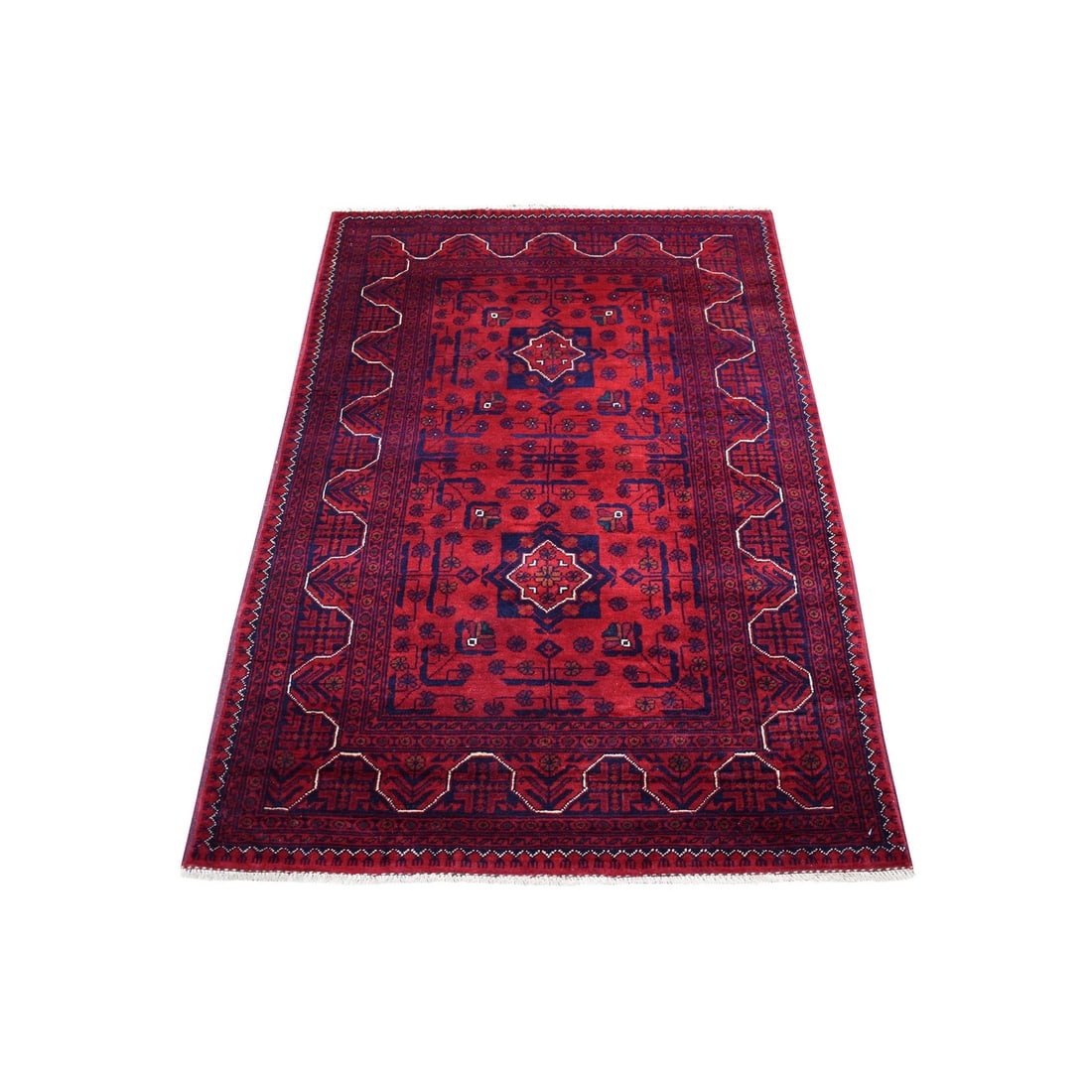 3'3"x4'10" Afghan Khamyab Pure Wool Hand Knotted Deep Red Rug: 3'3"x4'10" Afghan Khamyab Pure Wool Hand Knotted Deep Red Rug Deep red hues dominate this 3'3"x4'10" Afghan Khamyab pure wool hand-knotted rug, featuring an intricate oriental regional design. Made fr
