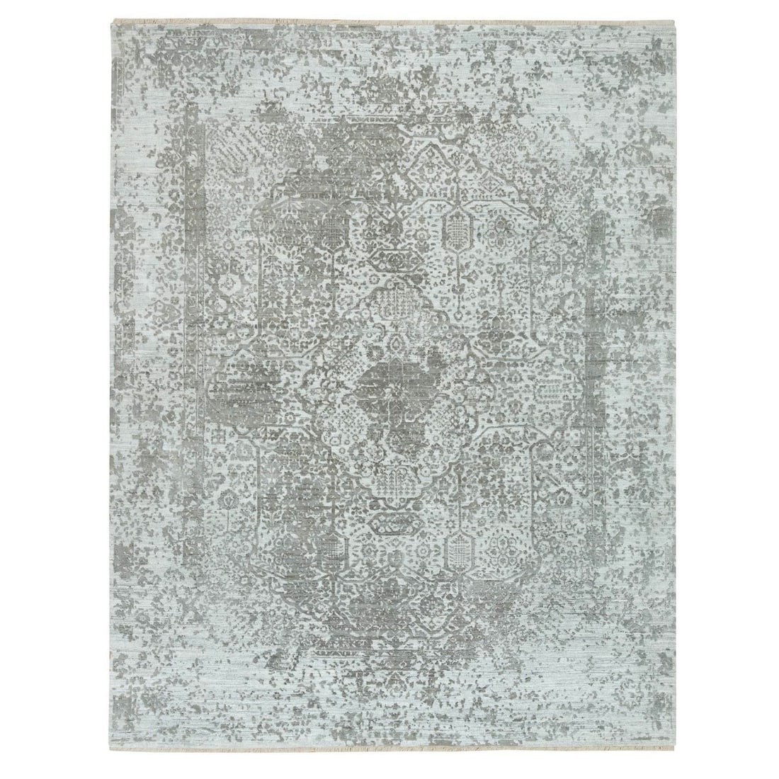 8'x10'2" Gray Zoroastrian Hand Knotted Wool and Silk Oriental Rug: 8'x10'2" Gray Zoroastrian Hand Knotted Wool and Silk Oriental Rug The 8'x10'2" Gray Zoroastrian Hand Knotted Wool and Silk Oriental Rug boasts a stunning grey color and intricate hand-knotted design, 