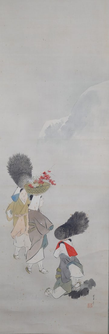 Meiji Painting Oharame Kakejiku Hanging Scroll Antique Watanabe: Meiji Painting Oharame Kakejiku Hanging Scroll Antique Watanabe Item Specifics: Artist: Watanabe Seitei Subject: Oharame (Woman from Ohara) Material: Ink and color on silk Style: Japanese Year Of Prod