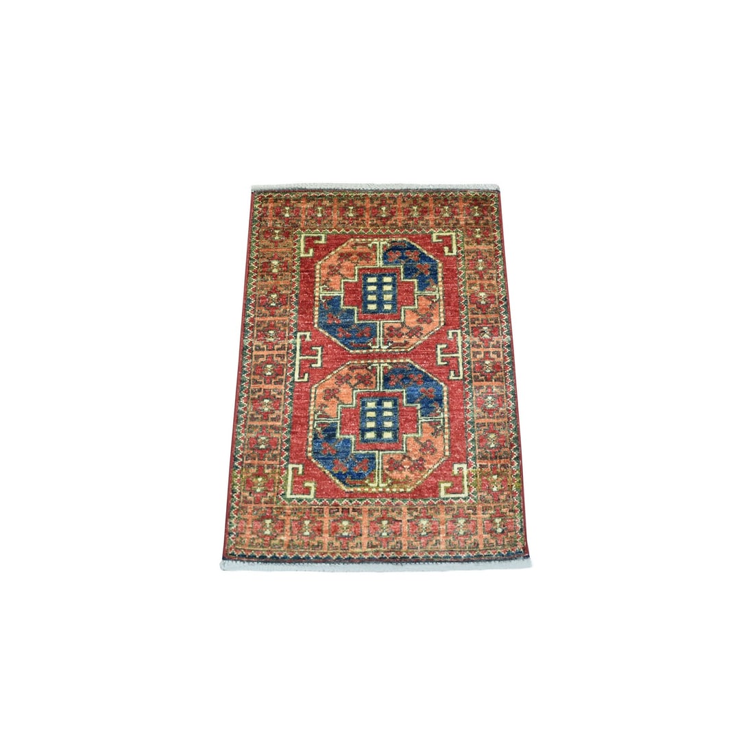 2'x2'10" Brick Red with Elephant Feet Design Pure Wool Hand Knotted Rug: 2'x2'10" Brick Red with Elephant Feet Design Pure Wool Hand Knotted Rug The 2'x2'10" Brick Red with Elephant Feet Design Pure Wool Hand Knotted Rug is a stunning example of Afghan craftsmanship, boast