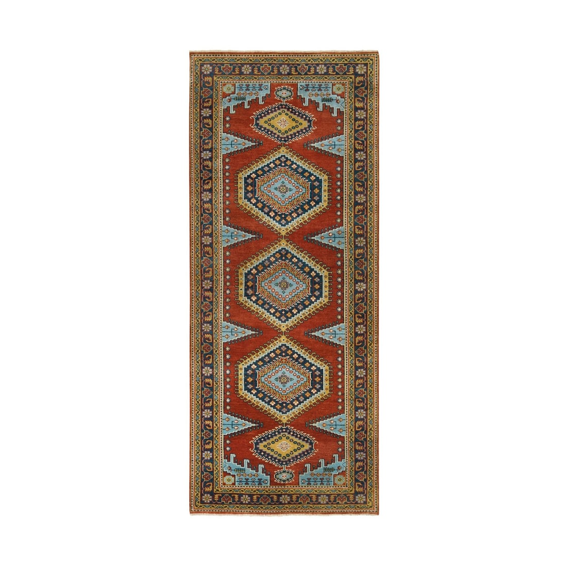 Brick Red Wool Farsian Viss Design Wide Hand Knotted 4'x10' Rug: Brick Red Wool Farsian Viss Design Wide Hand Knotted 4'x10' Rug Brick red wool creates a stunning backdrop for this 4'0" x 10'0" hand-knotted Farsian viss design rug, featuring a striking red field wi