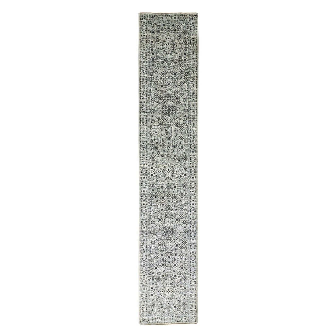 2'7"x14'1" White Mamluk Dynasty Undyed Wool Hand Knotted Runner Rug: 2'7"x14'1" White Mamluk Dynasty Undyed Wool Hand Knotted Runner Rug This stunning 2'7"x14'1" white Mamluk Dynasty undyed wool hand knotted runner rug boasts a timeless ivory color and intricate hand-k