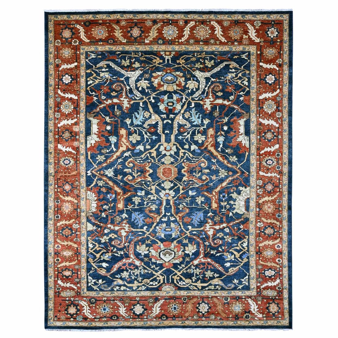 9'1"x11'8" Blue Peshawar Heris Design High Mountain Wool Hand Knotted Rug (1 of 11)