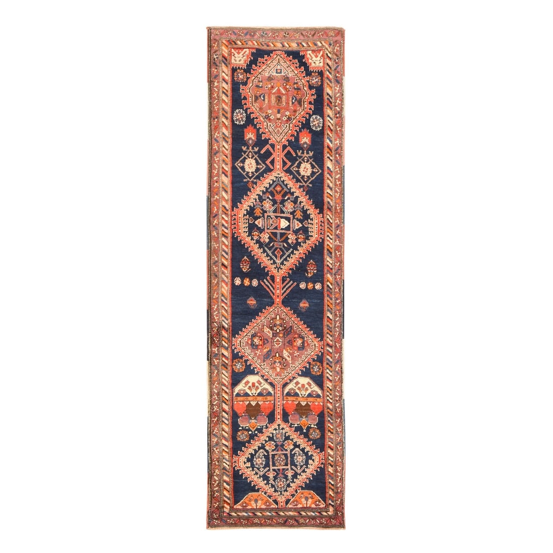 2'3"x8'6" Blue Antique North West Zoroastrian Wool Hand Knotted Runner Rug: 2'3"x8'6" Blue Antique North West Zoroastrian Wool Hand Knotted Runner Rug Blue antique North West Zoroastrian wool hand knotted runner rug, measuring 2'3" x 8'6" in a striking blue field with geometr