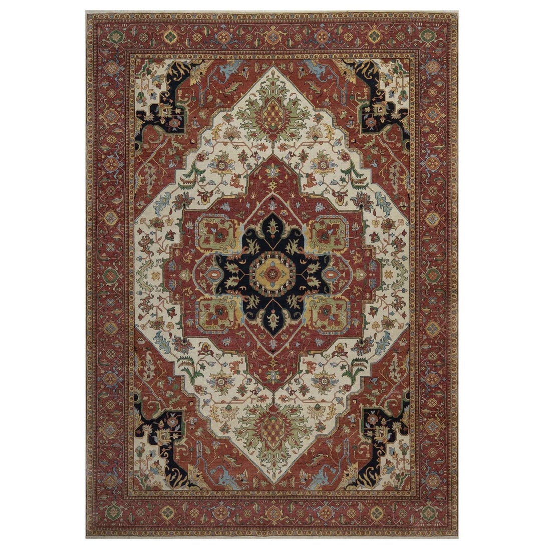 9'10"x13'10" Ivory Antiqued Heris Re-Creation Hand Knotted New Zealand Wool: 9'10"x13'10" Ivory Antiqued Heris Re-Creation Hand Knotted New Zealand Wool 9'10" x 13'10" Ivory Antiqued Heris Re-Creation Hand Knotted New Zealand Wool Rug: This stunning hand-knotted wool rug boast