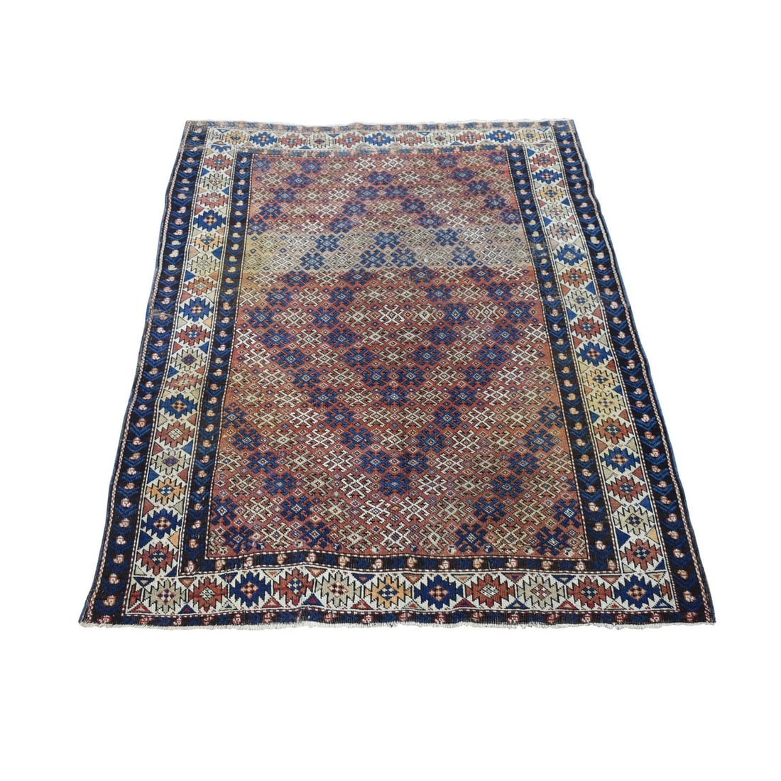 3'9"x4'8" Brown Antique Caucasian Kazak Pure Wool Hand Knotted Rug: 3'9"x4'8" Brown Antique Caucasian Kazak Pure Wool Hand Knotted Rug Brown Kazak Pure Wool Hand Knotted Rug, a stunning example of traditional Kazakh craftsmanship, boasts a rich brown field with intric