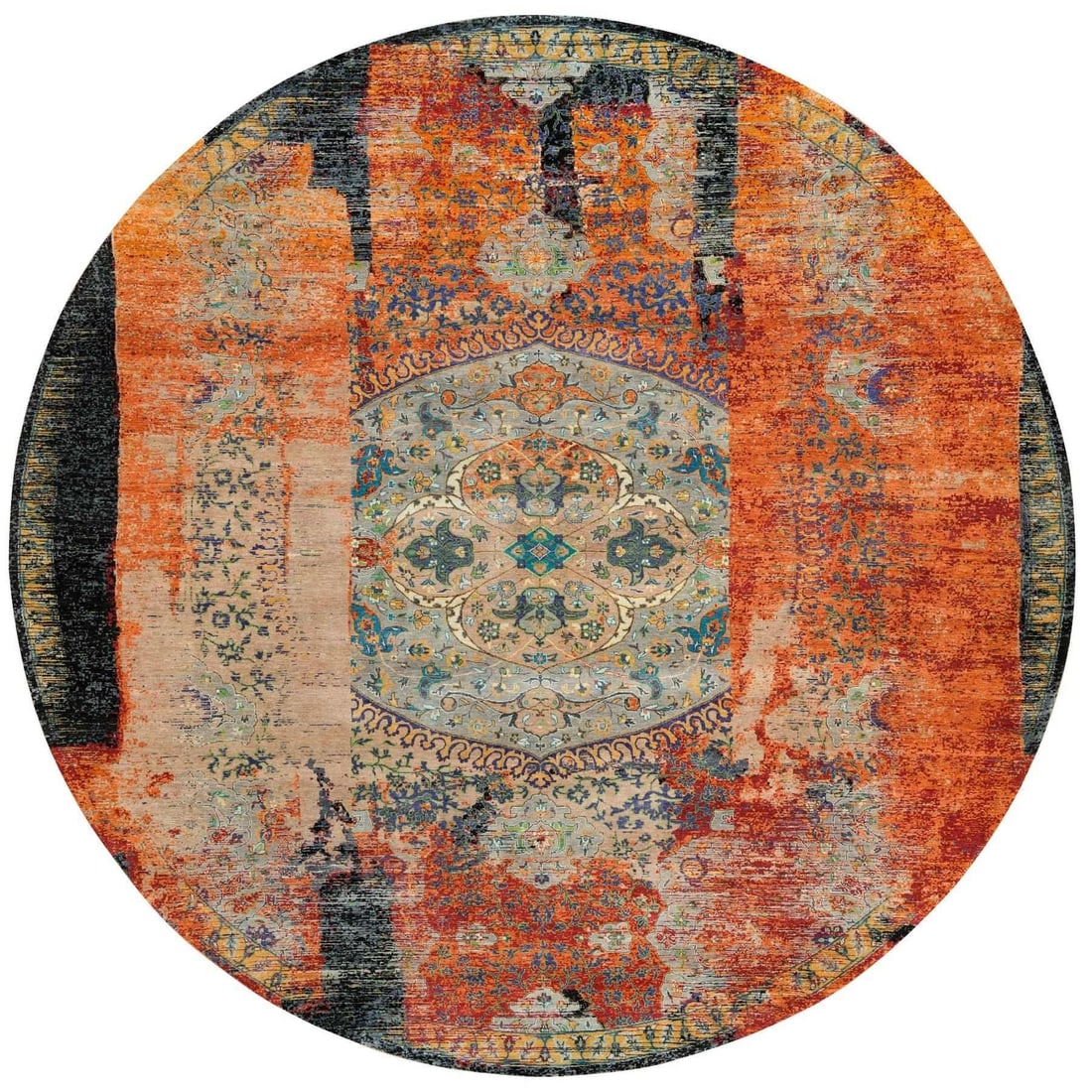 14'x14' Orange Hand Knotted Ancient Ottoman Erased Design Wool Round Rug: 14'x14' Orange Hand Knotted Ancient Ottoman Erased Design Wool Round Rug This 14' x 14' hand-knotted wool rug boasts a stunning orange field color, intricately woven with a traditional Oriental design