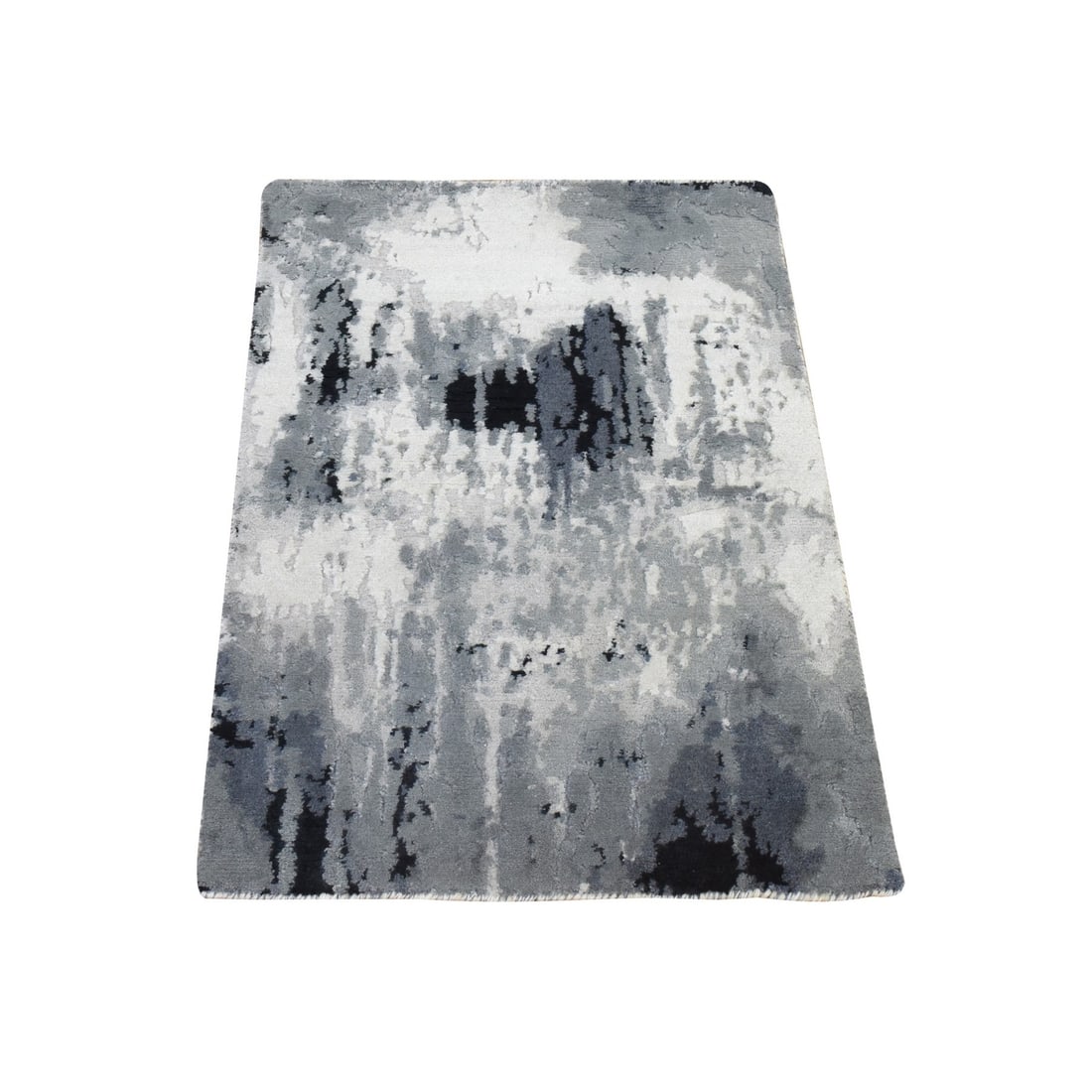 2'x3' Black & Ivory Hand Knotted Abstract Design Wool and Silk Sample Rug: 2'x3' Black & Ivory Hand Knotted Abstract Design Wool and Silk Sample Rug Modern abstract design in black and ivory, this 2'x3' hand-knotted wool and silk rug boasts a unique, rectangular field with n