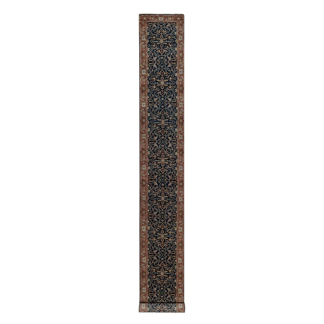 2'6"x20'1" Navy Hand Knotted Antiqued Heris New Zealand Wool Runner Rug: 2'6"x20'1" Navy Hand Knotted Antiqued Heris New Zealand Wool Runner Rug Navy blue wool runner rug with an all-over regional Oriental design, hand-knotted in Heris style, measuring 2'6" x 20'1" and fea