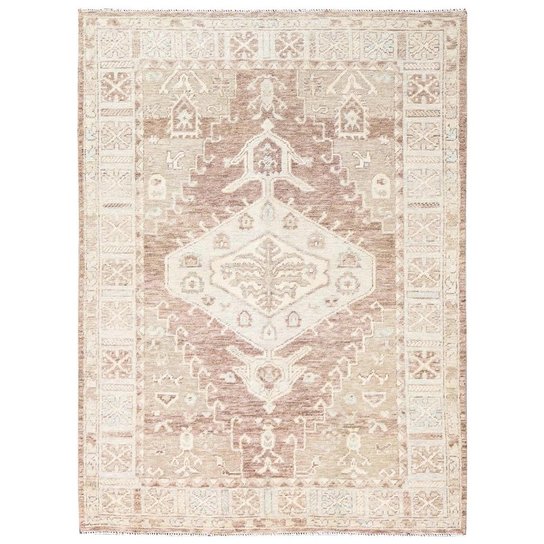 5'x6'9" Irish Brown Hand Knotted Anatolian Village Design Pure Wool Rug: 5'x6'9" Irish Brown Hand Knotted Anatolian Village Design Pure Wool Rug This stunning 5'x6'9" Anatolian-style hand-knotted wool rug boasts a rich, earthy brown color and intricate geometric pattern, c