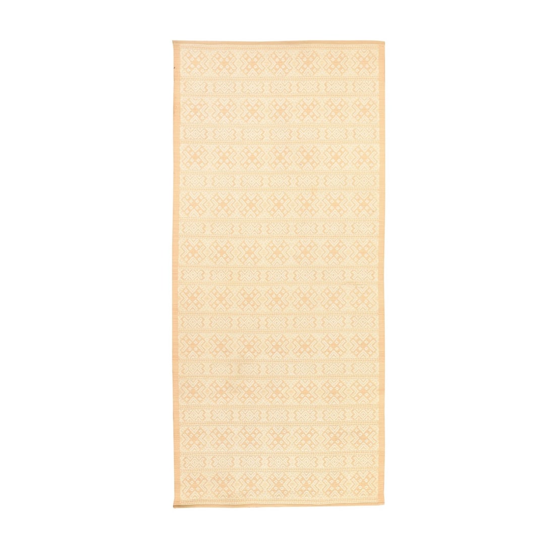 4'9"x10'9" Ivory New Hand Knotted Double Weft Soumak Wool Runner Rug: 4'9"x10'9" Ivory New Hand Knotted Double Weft Soumak Wool Runner Rug Hand-knotted with precision, this 4'9"x10'9" ivory wool runner rug boasts an all-over regional design characteristic of Oriental so