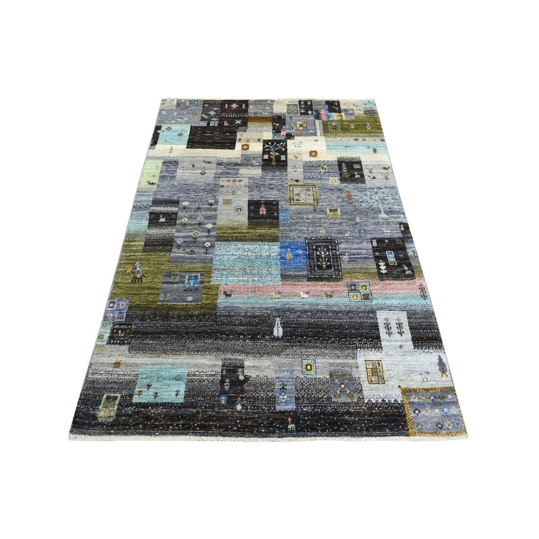 4'x5'10" Colorful Afghan Kashkuli Gabbeh Hand Knotted Wool Oriental Rug: 4'x5'10" Colorful Afghan Kashkuli Gabbeh Hand Knotted Wool Oriental Rug Grey wool Afghan Kashkuli Gabbeh hand-knotted rug with a rectangular field and no border, measuring 4'0" x 5'10". This 2000-year