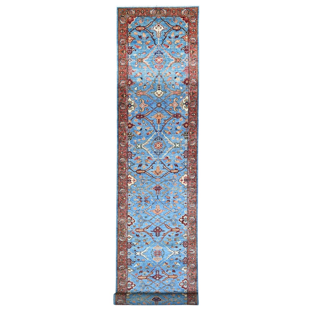 Blue Aryana Hand Knotted Natural Dyes 3'7"x21'8" Fine Oriental Rug (1 of 6)