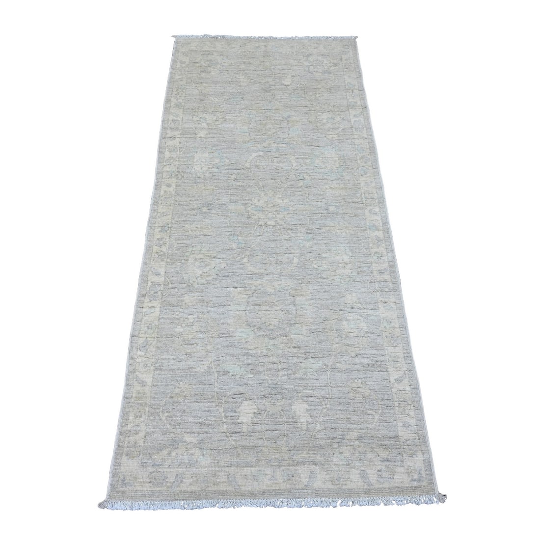 2'6"x5'9" Gray Washed Peshawar Leaf Design Wool Hand Knotted Runner Rug: 2'6"x5'9" Gray Washed Peshawar Leaf Design Wool Hand Knotted Runner Rug Hand-knotted in wool, this 69" x 30" Peshawar-style runner rug boasts a stunning gray washed design, evoking the rich cultural h