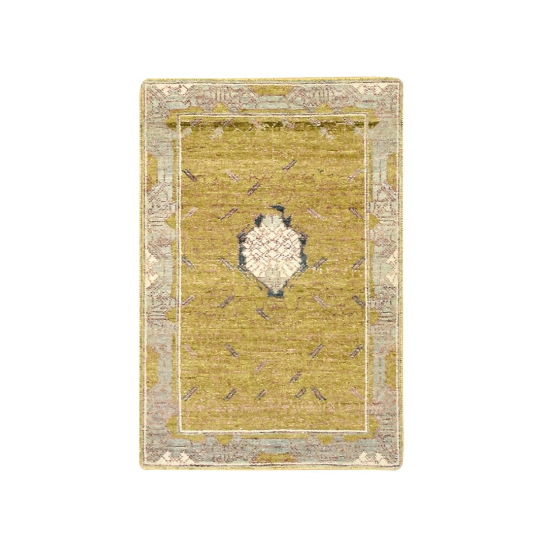 2'1"x3'1" Golden Yellow Pinecone Design Hand Knotted Pure Wool Sample Rug: 2'1"x3'1" Golden Yellow Pinecone Design Hand Knotted Pure Wool Sample Rug Hand-knotted in pure wool, this 2'1"x3'1" golden yellow pinecone design rug boasts a vibrant yellow field with a subtle sheen.