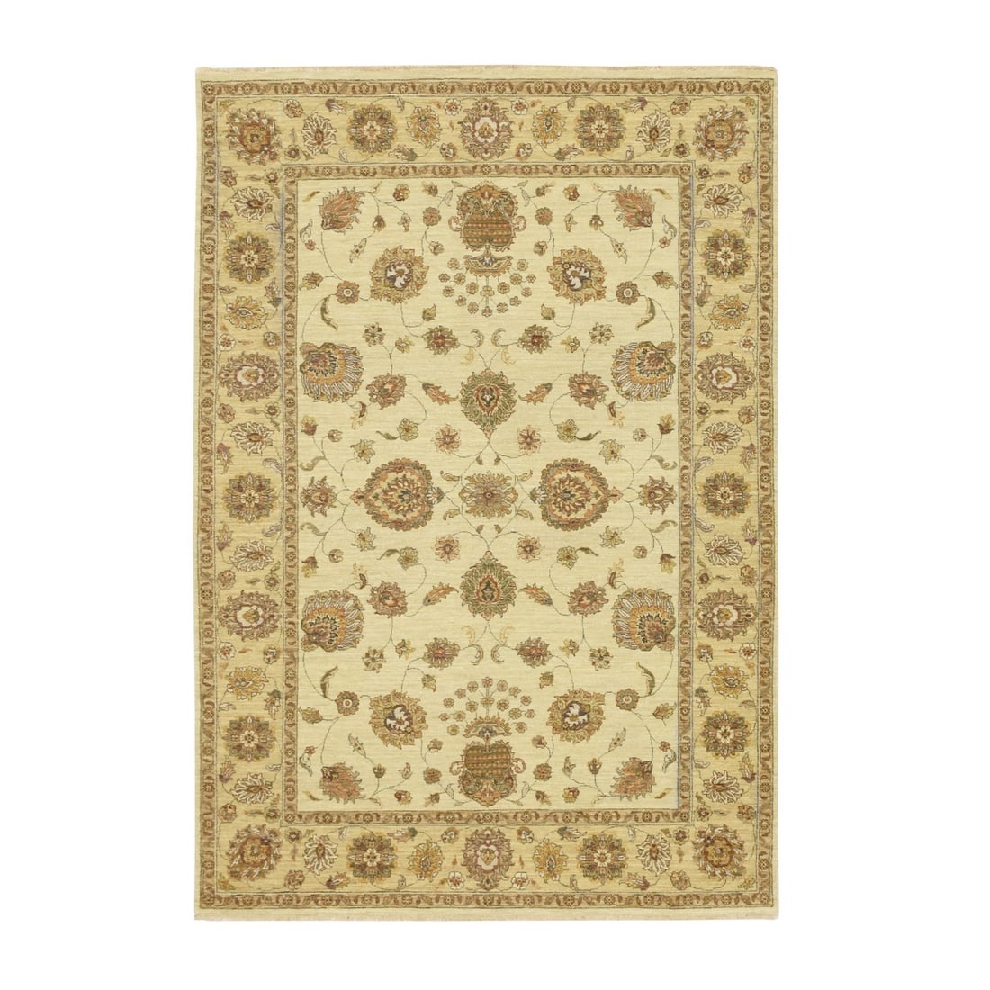 5'6"x8'1" Ivory Agra Ziegler Design Leaf Pattern Hand Knotted Wool Rug: 5'6"x8'1" Ivory Agra Ziegler Design Leaf Pattern Hand Knotted Wool Rug Hand-knotted in wool, this 5'6"x8'1" Ivory Agra Ziegler Design Leaf Pattern rug boasts a stunning floral pattern in a range of ea
