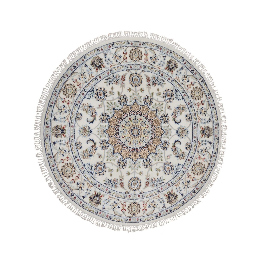 Ivory Wool Silk Nain Medallion Design Hand Knotted Round Rug: Ivory Wool Silk Nain Medallion Design Hand Knotted Round Rug Hand-knotted in wool and silk, this 4'1" x 4'1" round medallion design rug boasts a timeless Oriental pattern in ivory and subtle accents o