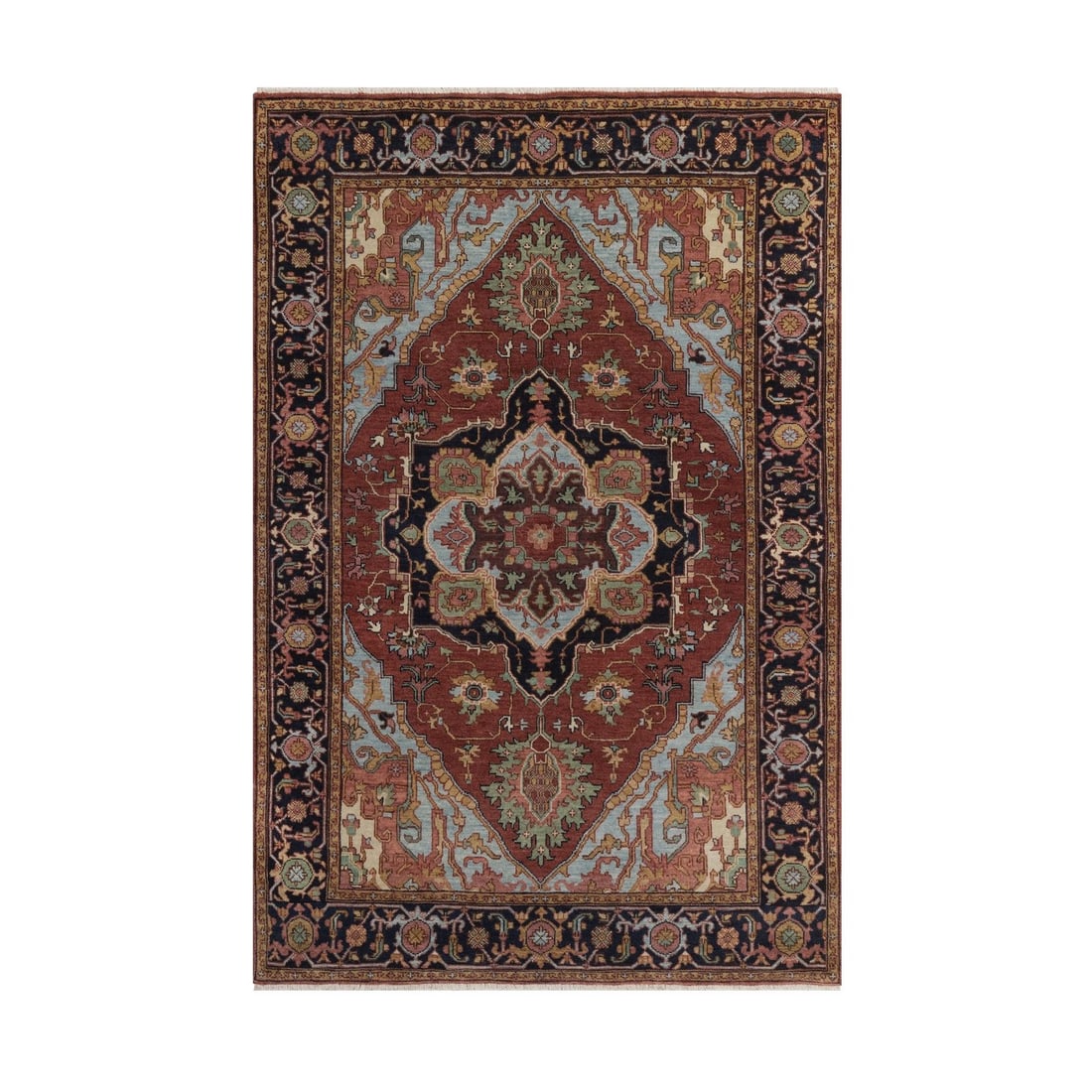 4'1"x6'1" Red Antiqued Fine Heris Re-Creation Hand Knotted New Zealand Wool: 4'1"x6'1" Red Antiqued Fine Heris Re-Creation Hand Knotted New Zealand Wool Hand-knotted in New Zealand wool, this 4'1"x6'1" fine Heris-style rug boasts a rich, deep red color and intricate medallion 