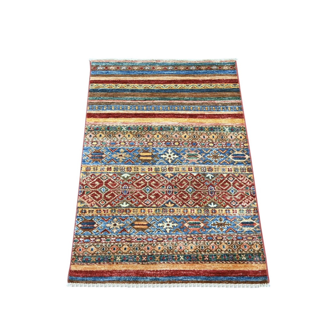 2'8"x3'9" Colorful Afghan Super Kazak Khorjin Design Hand Knotted Wool Rug: 2'8"x3'9" Colorful Afghan Super Kazak Khorjin Design Hand Knotted Wool Rug Colorful and vibrant, this 2'8"x3'9" hand-knotted wool rug from Afghanistan boasts a stunning all-over Kazak design, showcasi