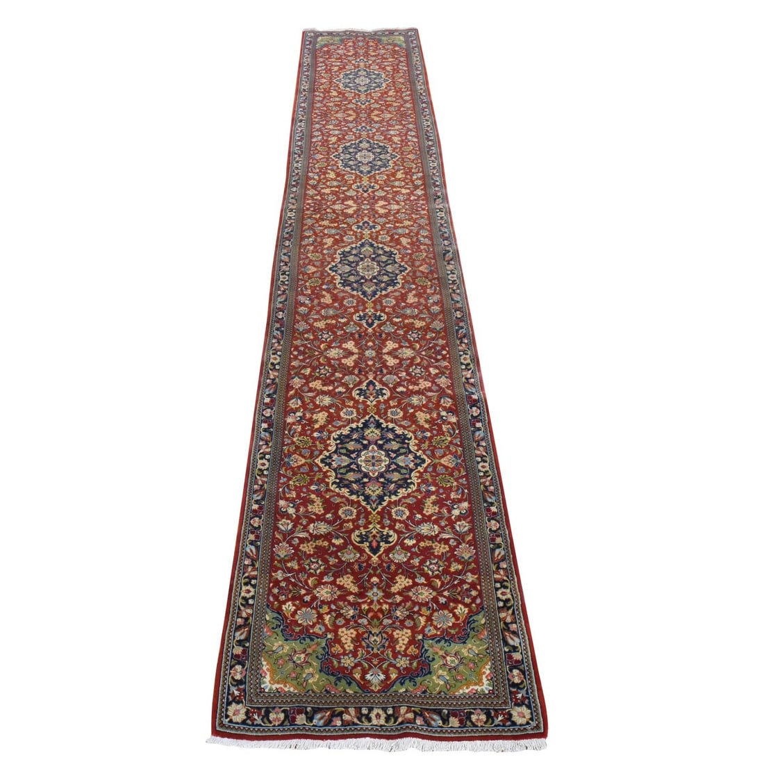 2'8"x16'6" Red Runner Rug New Zoroastrian 250 KPSI Pure Wool Hand Knotted: 2'8"x16'6" Red Runner Rug New Zoroastrian 250 KPSI Pure Wool Hand Knotted Hand-knotted in pure wool, this stunning 2'8"x16'6" Red Runner rug boasts an all-over regional design characteristic of Zoroas