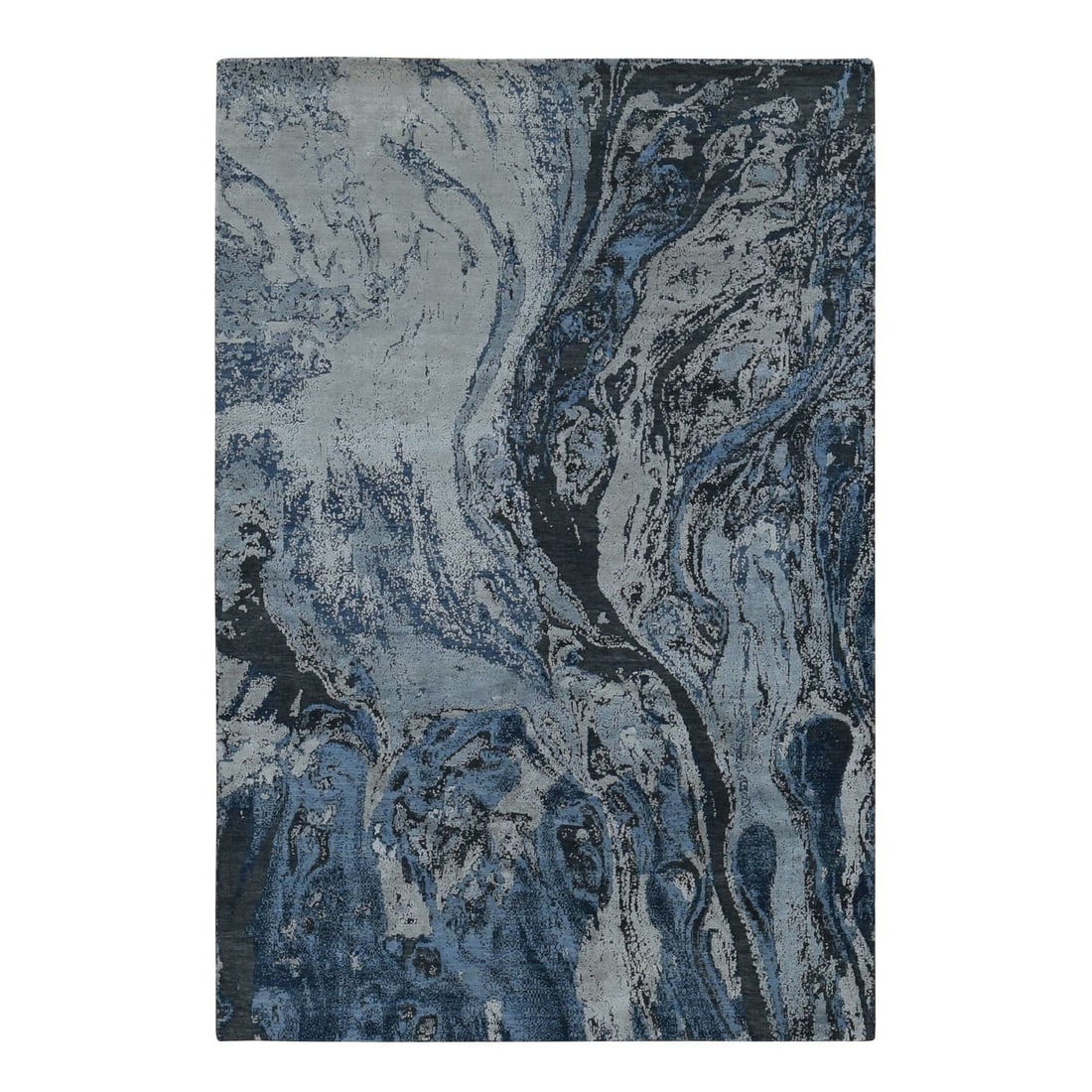 6'x9'2" Blue Geological Design Wool and Pure Silk Hand Knotted Rug: 6'x9'2" Blue Geological Design Wool and Pure Silk Hand Knotted Rug This stunning 6'0" x 9'2" blue wool and silk hand-knotted rug boasts an abstract design in a rich, vibrant blue field, set against a 