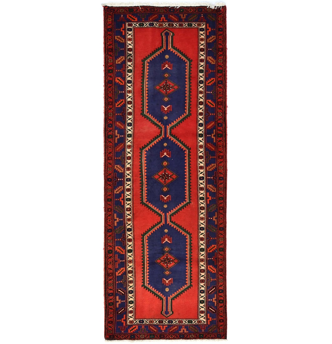 3'5 X 9'3 Ft Handmade Semi-Antique Oriental Runner Rug Hallway Carpet Hand-Knotted: 3'5 X 9'3 Ft Handmade Semi-Antique Oriental Runner Rug Hallway Carpet Hand-Knotted Hand-knotted in wool, this 3'5 x 9'3 ft semi-antique Oriental runner rug boasts a vibrant, geometric pattern in shade