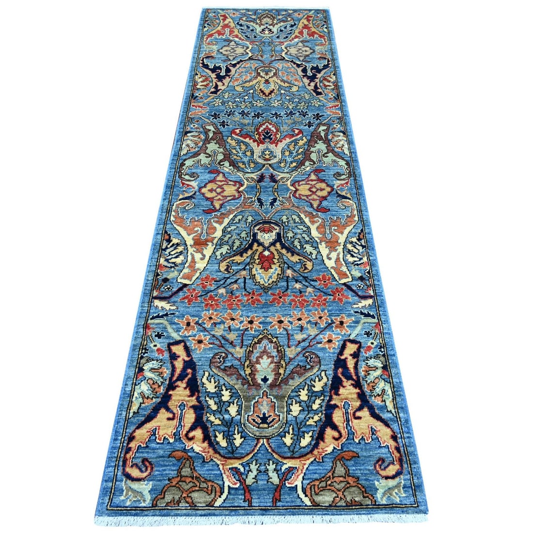 Blue Hand Knotted Wool Runner Rug Bayern Garus Design 2'7"x9'10: Blue Hand Knotted Wool Runner Rug Bayern Garus Design 2'7"x9'10 Hand-knotted in traditional Peshawar style, this stunning blue wool runner rug boasts an all-over regional design characteristic of Orie