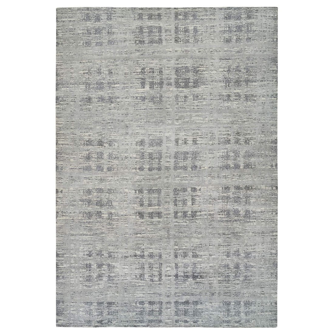 13'10"x20'2" Gray Natural Wool Hand Knotted Modern Design Oversized Rug: 13'10"x20'2" Gray Natural Wool Hand Knotted Modern Design Oversized Rug This stunning 13'10"x20'2" gray natural wool hand-knotted modern design oversized rug boasts a striking rectangular field with a
