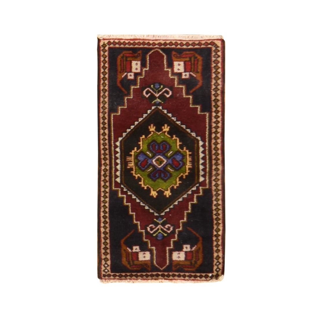1'7"x3' Scarlet Red Afghan Center Medallion Hand Knotted 100% Wool Mat Rug: 1'7"x3' Scarlet Red Afghan Center Medallion Hand Knotted 100% Wool Mat Rug Scarlet Red Afghan Center Medallion Hand Knotted 100% Wool Mat Rug is a stunning, hand-knotted 100% wool mat rug featuring a 