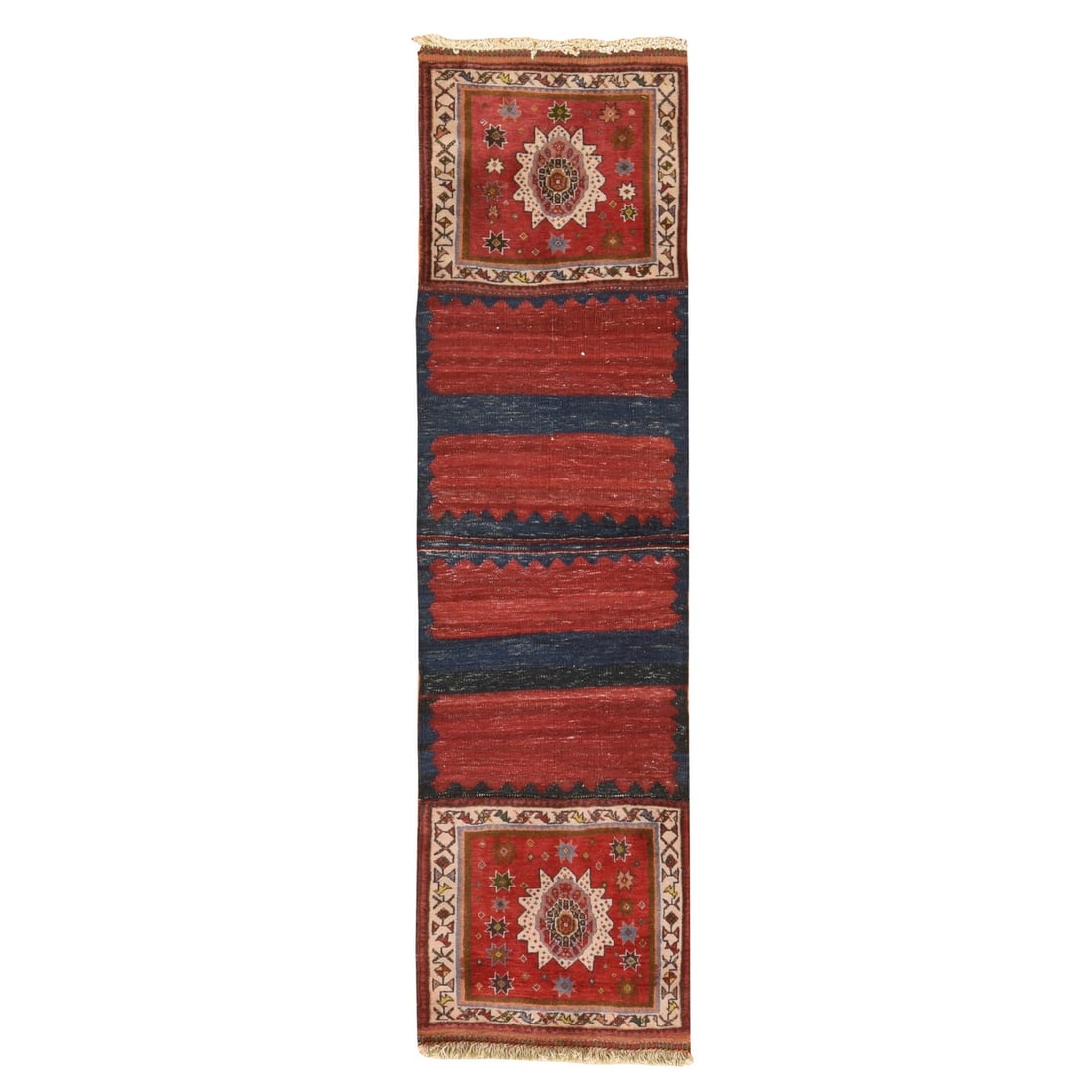 Village Saddle Bag Design Red 1'9" Knotted Wool Hand 6'6: Village Saddle Bag Design Red 1'9" Knotted Wool Hand 6'6 The Village Saddle Bag Design Red is a stunning hand-knotted wool rug, measuring 1'9" x 6'6" in a striking red field with a geometric regional 