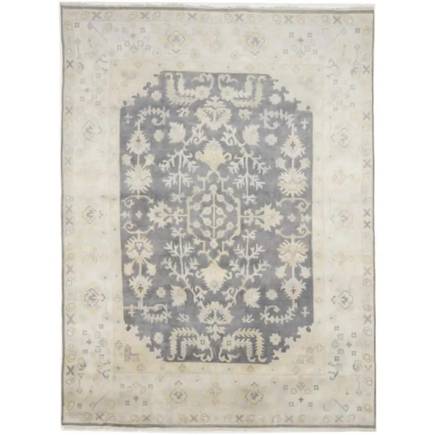 Handmade Extra Large Oushak Oriental Rug Cream Floral Bedroom Carpet 9X12 Ft Hand-Knotted: Handmade Extra Large Oushak Oriental Rug Cream Floral Bedroom Carpet 9X12 Ft Hand-Knotted Hand-Knotted Wool and Cotton Oushak Rug in Cream Floral Pattern. This 9'0 x 12'2 ft, hand-made area rug boasts
