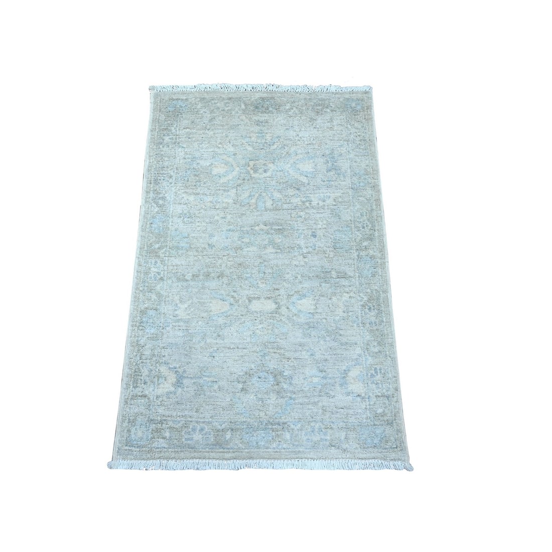 1'9"x3' Gray Hand Knotted Mahal Design Washed Out Wool Mat Oriental Rug: 1'9"x3' Gray Hand Knotted Mahal Design Washed Out Wool Mat Oriental Rug The 1'9"x3' Gray Hand Knotted Mahal Design Washed Out Wool Mat Oriental Rug boasts a stunning rectangular field with a subtle, w