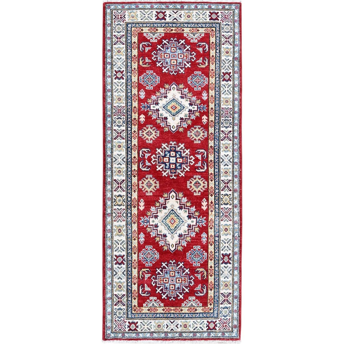 2'7"x6'5" Red Kazak with Geometric Design Soft Wool Hand Knotted Runner Rug: 2'7"x6'5" Red Kazak with Geometric Design Soft Wool Hand Knotted Runner Rug Soft wool hand-knotted in a vibrant red color, this 2'7"x6'5" Kazak runner rug boasts a stunning geometric design that adds 