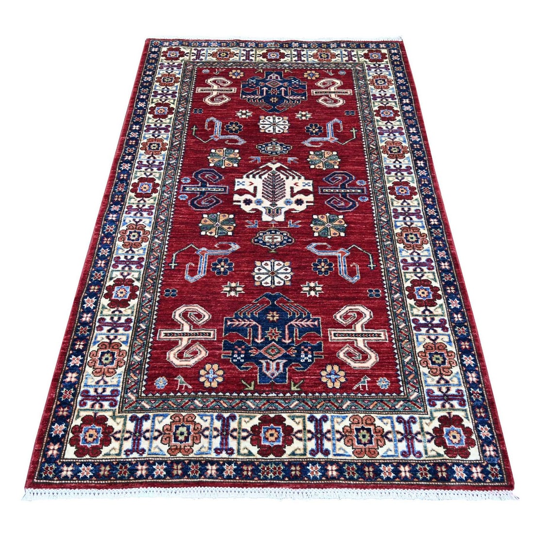 4'x6'2" Red Afghan Super Kazak Hand Knotted Pure Wool Rug: 4'x6'2" Red Afghan Super Kazak Hand Knotted Pure Wool Rug The 4'x6'2" Red Afghan Super Kazak Hand Knotted Pure Wool Rug is a stunning example of traditional Afghan craftsmanship, boasting an all-over 