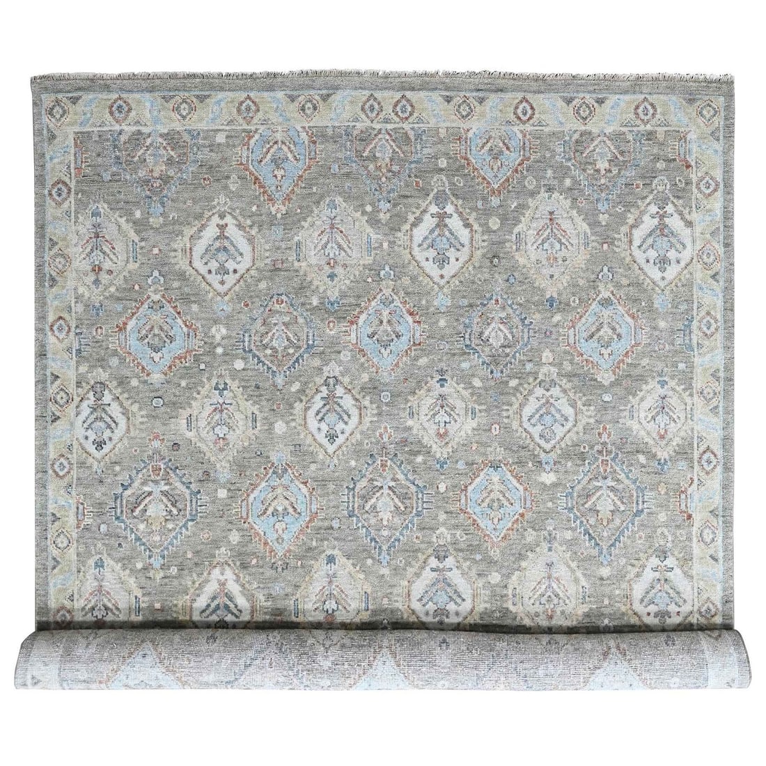 11'10"x15' Sage Green Oushak All Over Design Wool Hand Knotted XL Rug: 11'10"x15' Sage Green Oushak All Over Design Wool Hand Knotted XL Rug Sage green hues and intricate patterns come together in this stunning 11'10"x15' Oushak-style wool hand-knotted rug, featuring an 