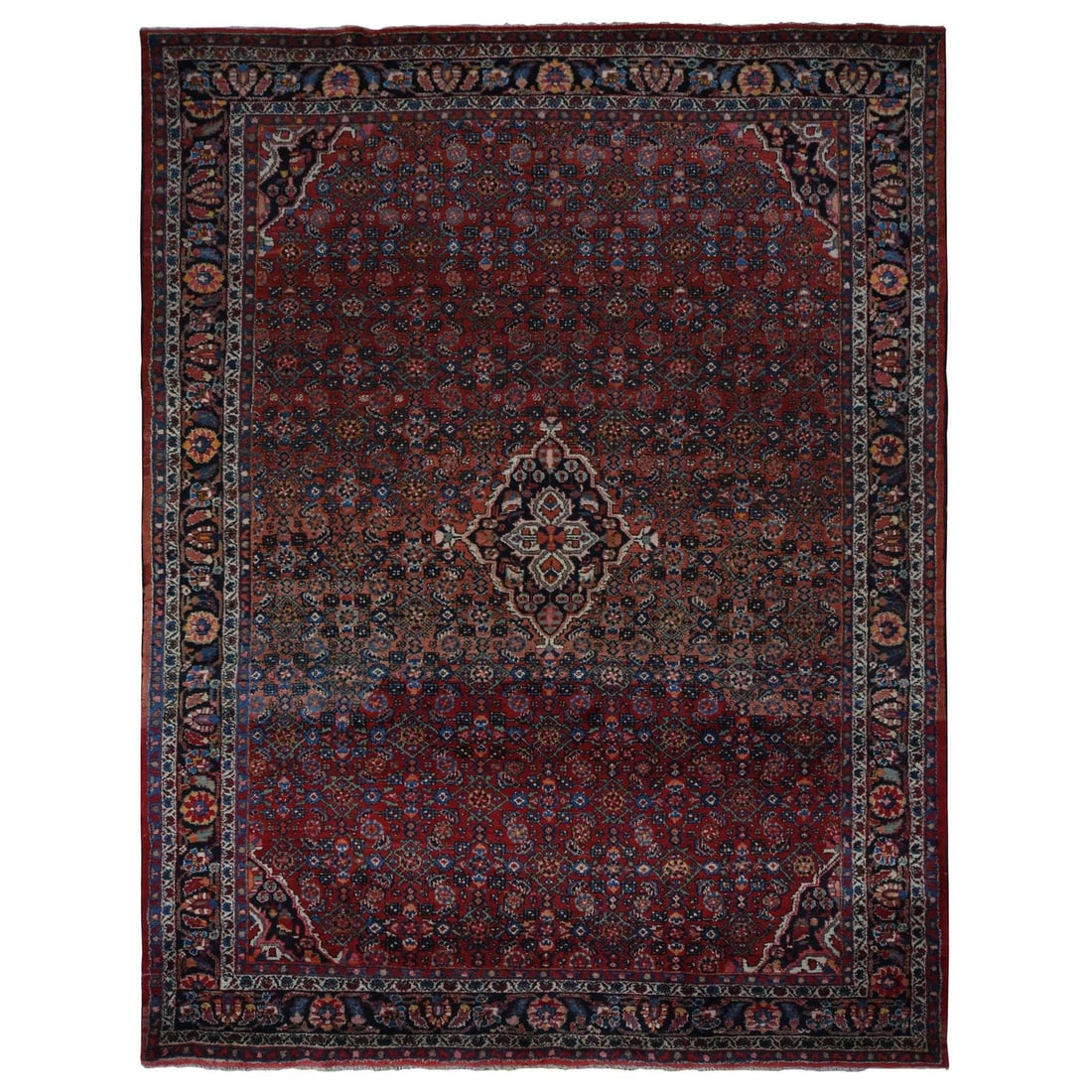Pompeian Red Wool Hand Knotted Antique Zoroastrian Hamadan Rug 8'5"x11'3: Pompeian Red Wool Hand Knotted Antique Zoroastrian Hamadan Rug 8'5"x11'3 This stunning 8'5"x11'3" Zoroastrian Hamadan rug boasts a rich, vibrant red color and intricate flatweave design, characteristi