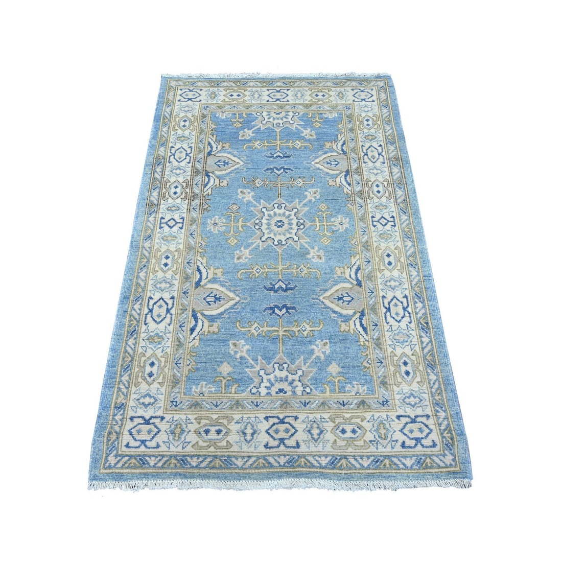 Blue Hand Knotted Wool Kazak with Tribal Design Vintage Look Rug 3'1"x5: Blue Hand Knotted Wool Kazak with Tribal Design Vintage Look Rug 3'1"x5 The Blue Hand Knotted Wool Kazak with Tribal Design Vintage Look Rug boasts a stunning blue field with intricate medallion patte