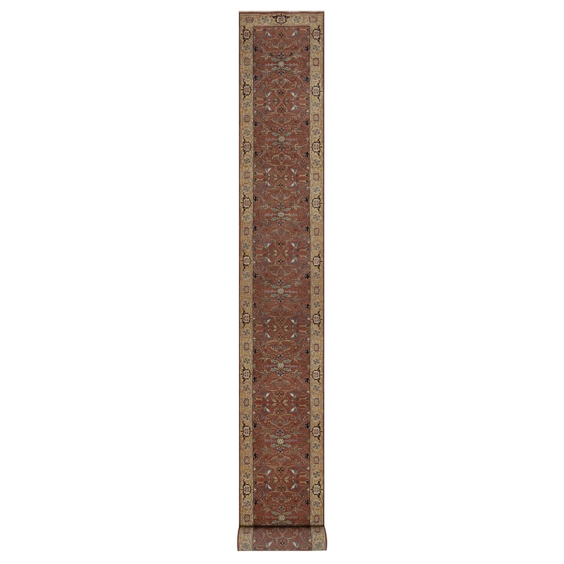 2'7"x23'9" Red Antiqued All Over Design Hand Knotted New Zealand Wool Runner: 2'7"x23'9" Red Antiqued All Over Design Hand Knotted New Zealand Wool Runner This stunning 2'7"x23'9" Red Antiqued All Over Design Hand Knotted New Zealand Wool Runner boasts an intricate all-over des