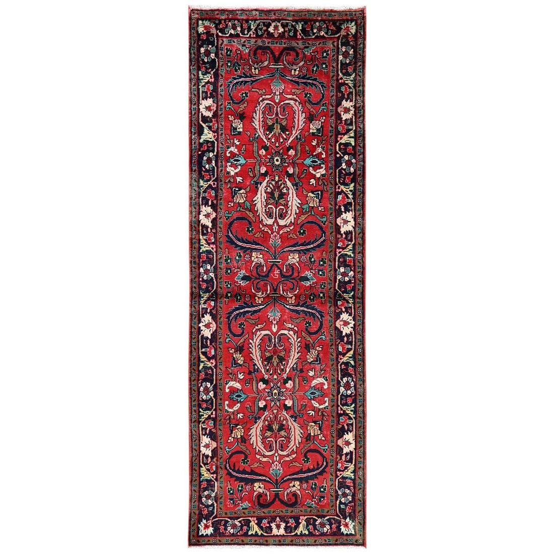 2'9"x8'7" Red New All Over Design Hand Knotted Wool Runner Oriental Rug: 2'9"x8'7" Red New All Over Design Hand Knotted Wool Runner Oriental Rug 100% Wool, All Over Design Red Runner Rug: This vibrant, all-over design hand-knotted wool runner measures 2'9"x8'7" and boasts 