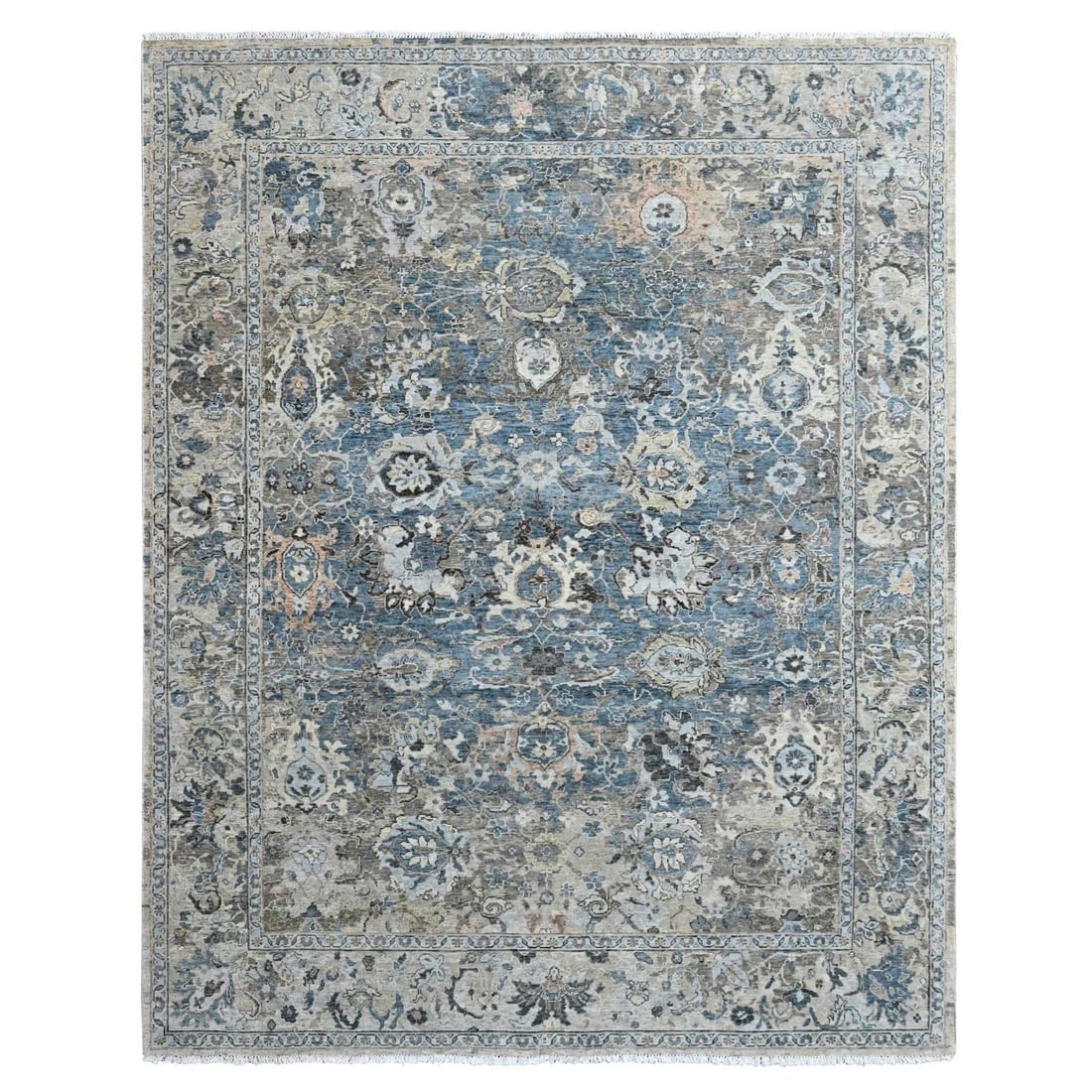 Blue Hand Knotted Wool Zero Pile Rug 7'7" 9'9" Erased Broken Design (1 of 11)