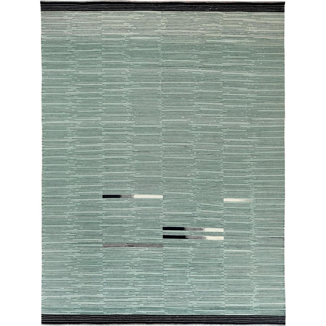 Nomadic Design Flat Weave Hand Woven Reversible 10'2"x14' Green Kilim Rug: Nomadic Design Flat Weave Hand Woven Reversible 10'2"x14' Green Kilim Rug Hand-woven in Afghanistan, this vibrant green kilim rug boasts a stunning rectangular field with intricate oriental regional d