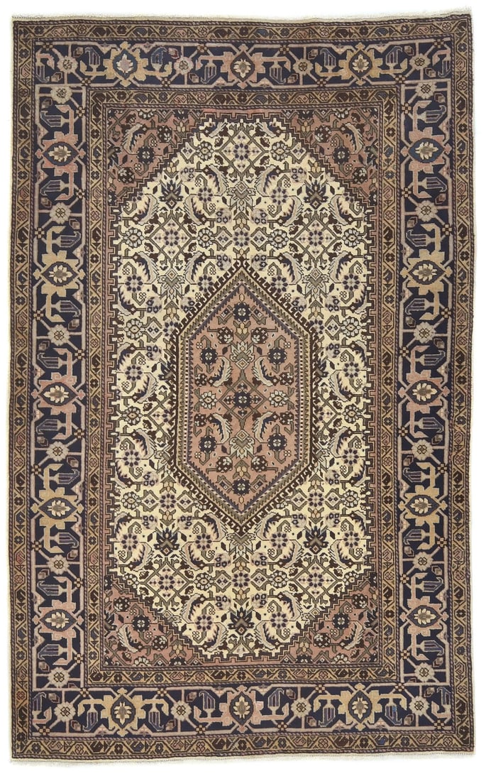 Vintage Handmade Oriental Rug 5X7 Ft Tribal Geometric Medallion Design Carpet Hand-Knotted: Vintage Handmade Oriental Rug 5X7 Ft Tribal Geometric Medallion Design Carpet Hand-Knotted Hand-knotted with wool and cotton foundation, this 40-50 year old vintage Oriental rug boasts a stunning geom